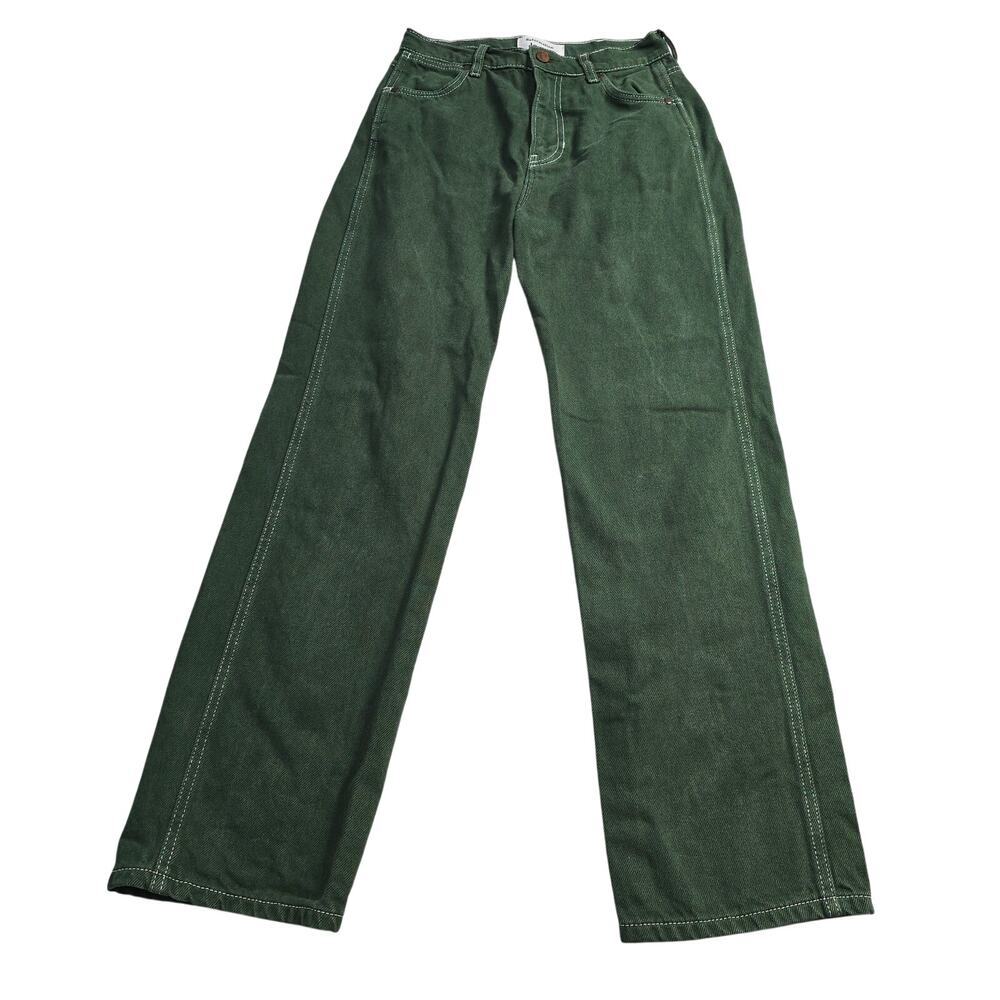Reformation Jeans Sz 25 Green Wide Leg High Rise Denim Contrast Stitch Casual